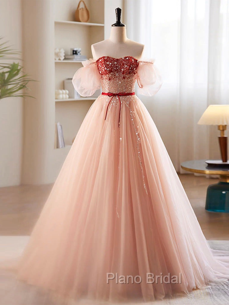 A-Line Sweetheart Neck Sequin Tulle Pink Long Formal Prom Dresses, Pink Formal Dresses Main image
