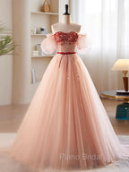 A-Line Sweetheart Neck Sequin Tulle Pink Long Formal Prom Dresses, Pink Formal Dresses
