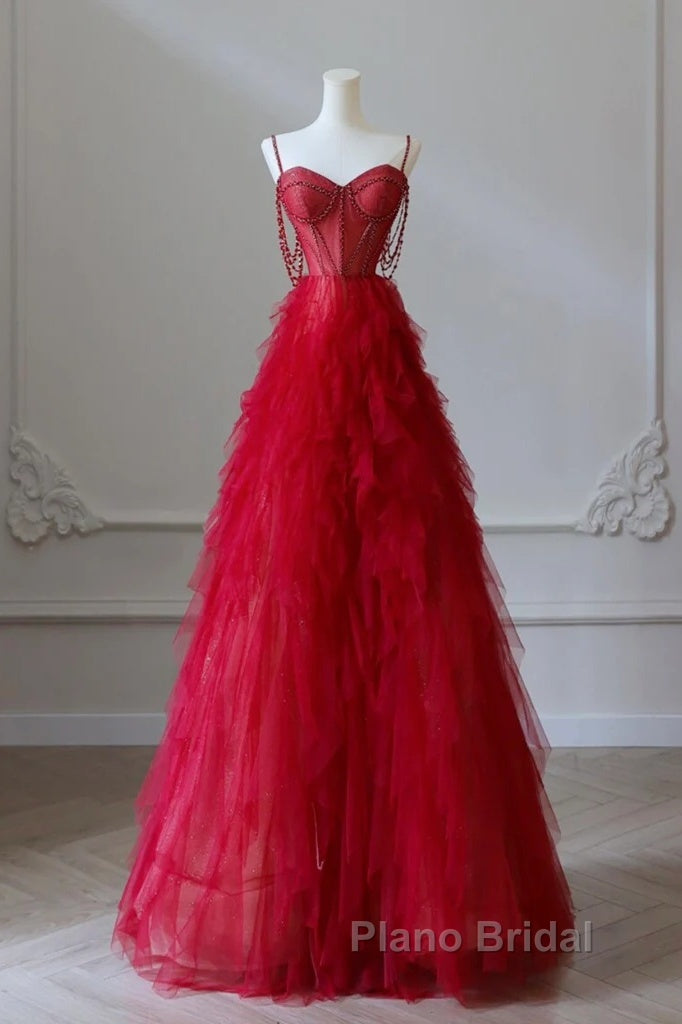 A-Line Sweetheart Neck Tulle Beads Burgundy Long Formal Prom Dresses