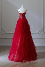 A-Line Sweetheart Neck Tulle Beads Burgundy Long Formal Prom Dresses
