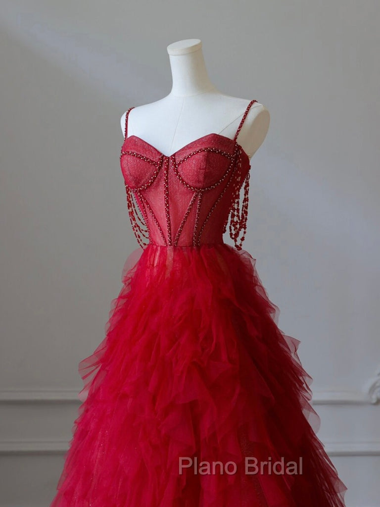 A-Line Sweetheart Neck Tulle Beads Burgundy Long Formal Prom Dresses, Burgundy Evening Dresses