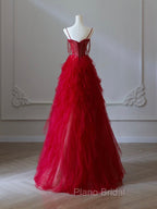 A-Line Sweetheart Neck Tulle Beads Burgundy Long Formal Prom Dresses, Burgundy Evening Dresses