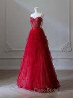 A-Line Sweetheart Neck Tulle Beads Burgundy Long Formal Prom Dresses, Burgundy Evening Dresses