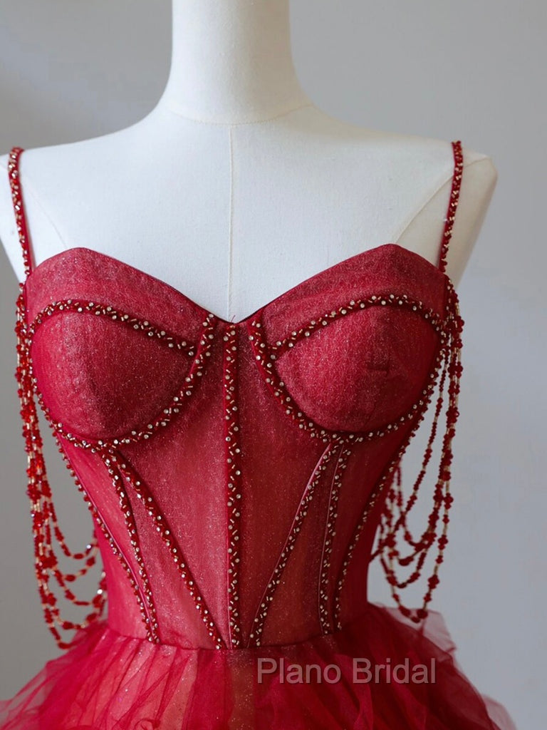 A-Line Sweetheart Neck Tulle Beads Burgundy Long Formal Prom Dresses, Burgundy Evening Dresses