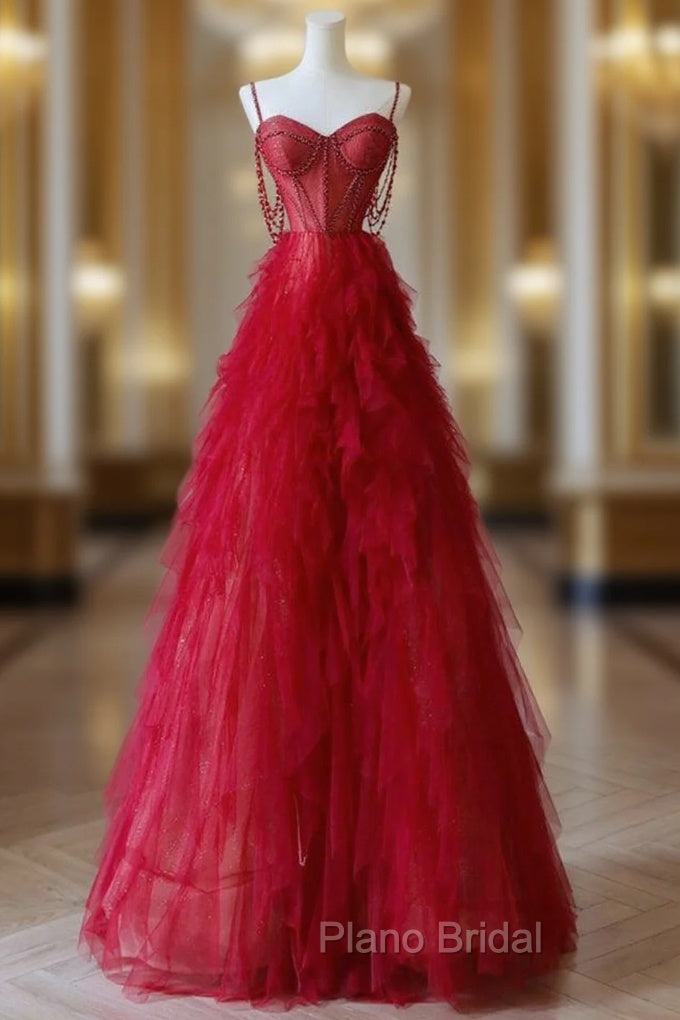A-Line Sweetheart Neck Tulle Beads Burgundy Long Formal Prom Dresses, Burgundy Evening Dresses Main image