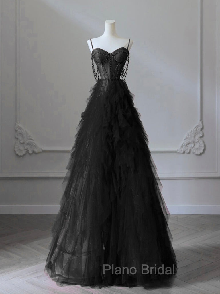 A-Line Sweetheart Neck Tulle Black Long Formal Prom Dresses, Black Long Graduation Dresses with Beads Secondary image