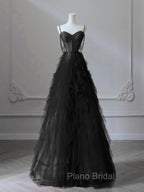 A-Line Sweetheart Neck Tulle Black Long Formal Prom Dresses, Black Long Graduation Dresses with Beads
