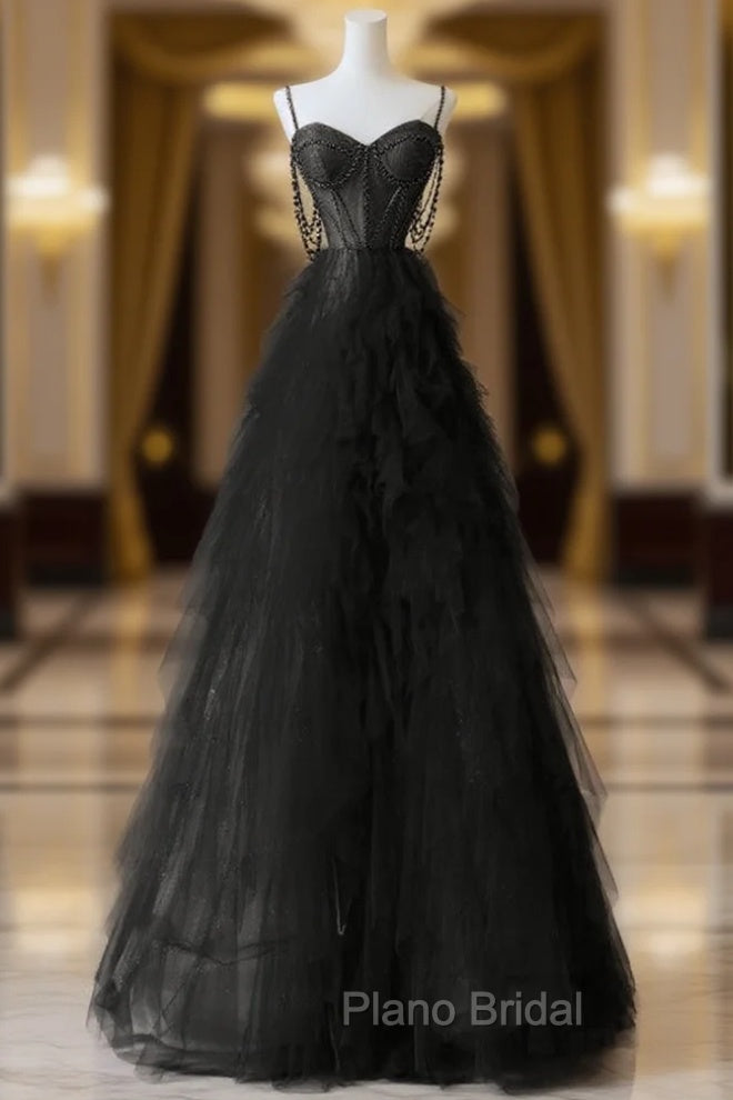 A-Line Sweetheart Neck Tulle Black Long Formal Prom Dresses, Black Long Graduation Dresses with Beads Main image