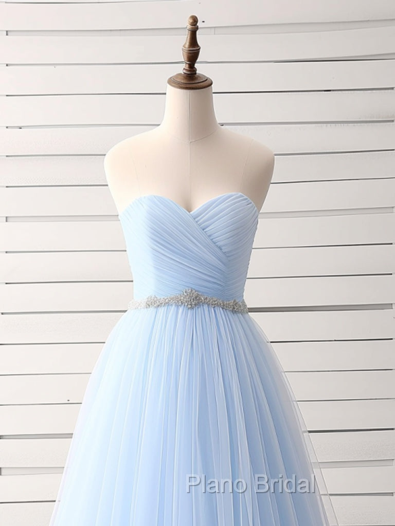 A-Line Sweetheart Neck Tulle Blue Long Formal Prom Dresses, Blue Long Bridesmaid Dresses
