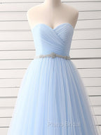 A-Line Sweetheart Neck Tulle Blue Long Formal Prom Dresses, Blue Long Bridesmaid Dresses