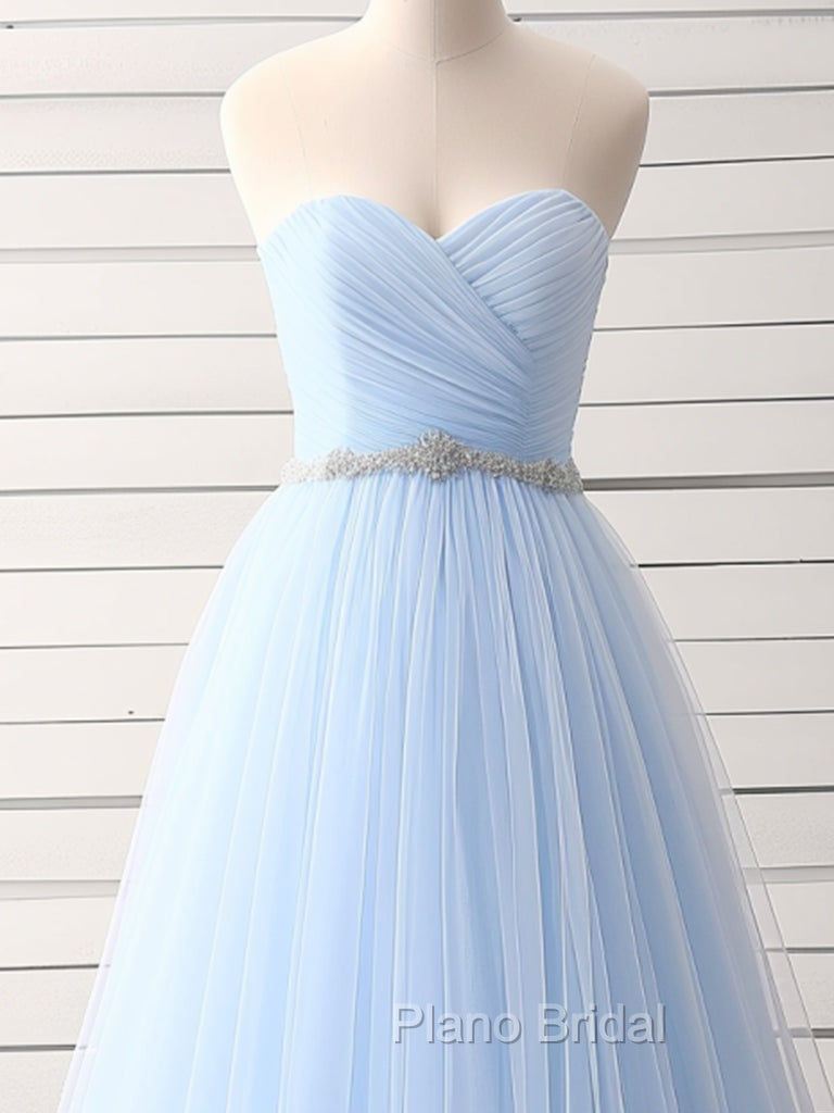 A-Line Sweetheart Neck Tulle Blue Long Formal Prom Dresses, Blue Long Bridesmaid Dresses