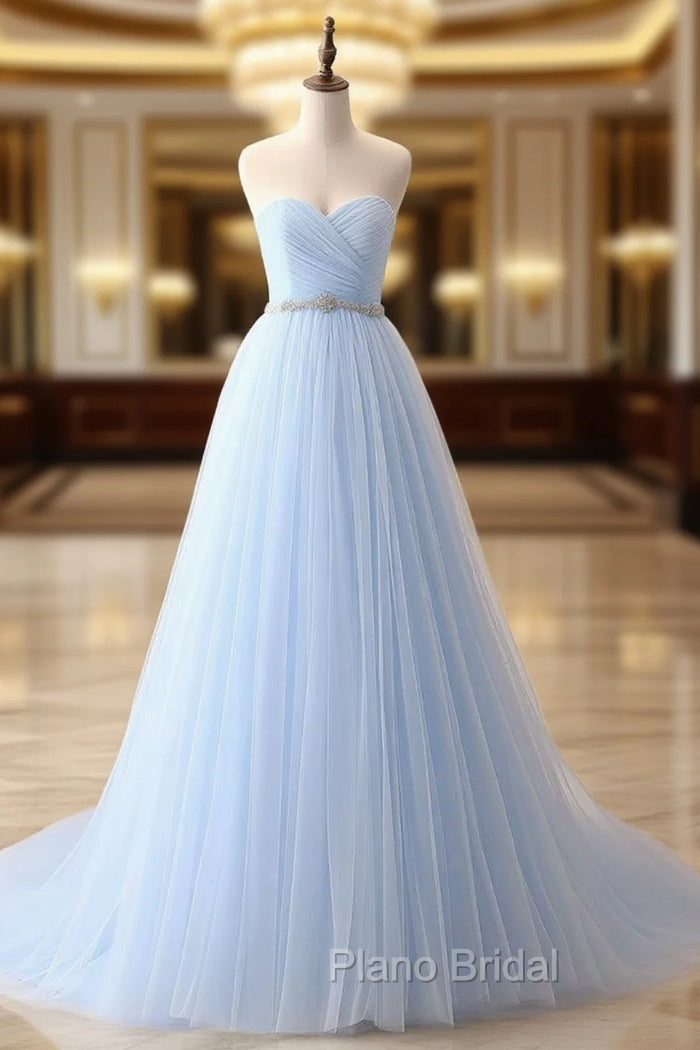 A-Line Sweetheart Neck Tulle Blue Long Formal Prom Dresses, Blue Long Bridesmaid Dresses