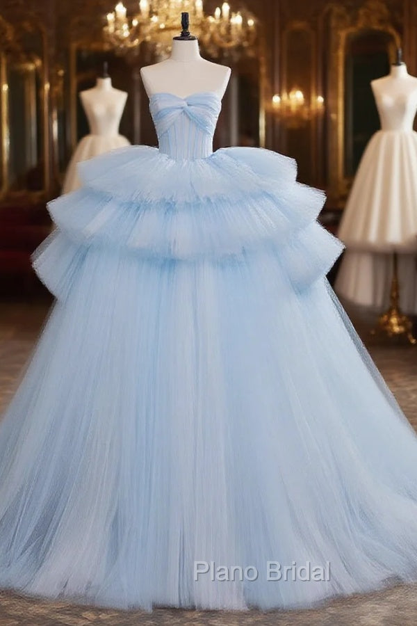 A-Line Sweetheart Neck Tulle Blue Long Formal Prom Dresses, Blue Long Evening Gown Main image