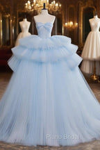A-Line Sweetheart Neck Tulle Blue Long Formal Prom Dresses, Blue Long Evening Gown