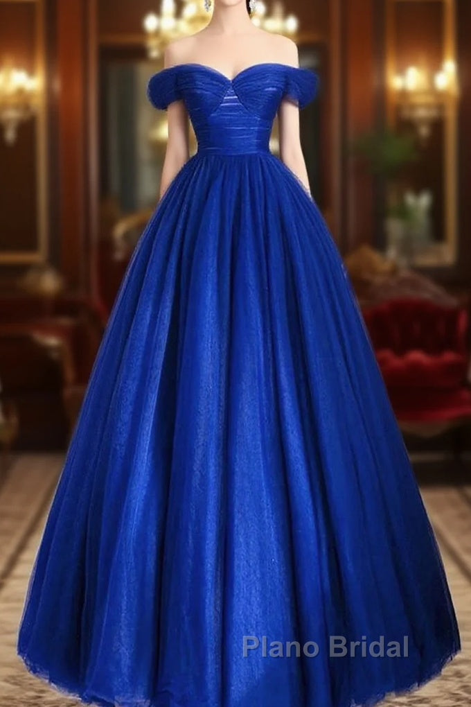 A-Line Sweetheart Neck Tulle Blue Long Formal Prom Dresses, Blue Long Formal Dresses Main image