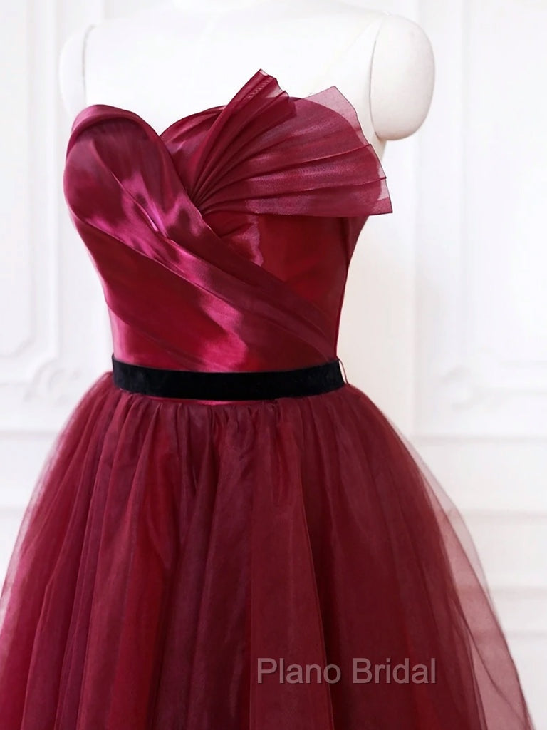 A-Line Sweetheart Neck Tulle Burgundy Long Formal Prom Dresses, Burgundy Long Formal Dresses Secondary image