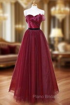 A-Line Sweetheart Neck Tulle Burgundy Long Formal Prom Dresses, Burgundy Long Formal Dresses
