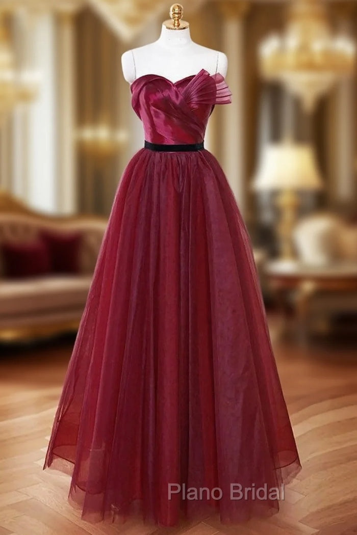 A-Line Sweetheart Neck Tulle Burgundy Long Formal Prom Dresses, Burgundy Long Formal Dresses