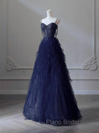 A-Line Sweetheart Neck Tulle Dark Blue Long Formal Prom Dresses, Dark Blue Long Graduation Dresses with Beads