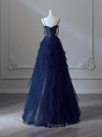 A-Line Sweetheart Neck Tulle Dark Blue Long Formal Prom Dresses, Dark Blue Long Graduation Dresses with Beads