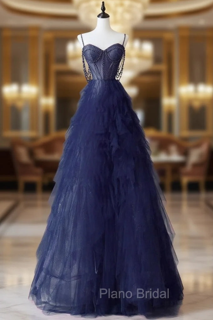 A-Line Sweetheart Neck Tulle Dark Blue Long Formal Prom Dresses, Dark Blue Long Graduation Dresses with Beads