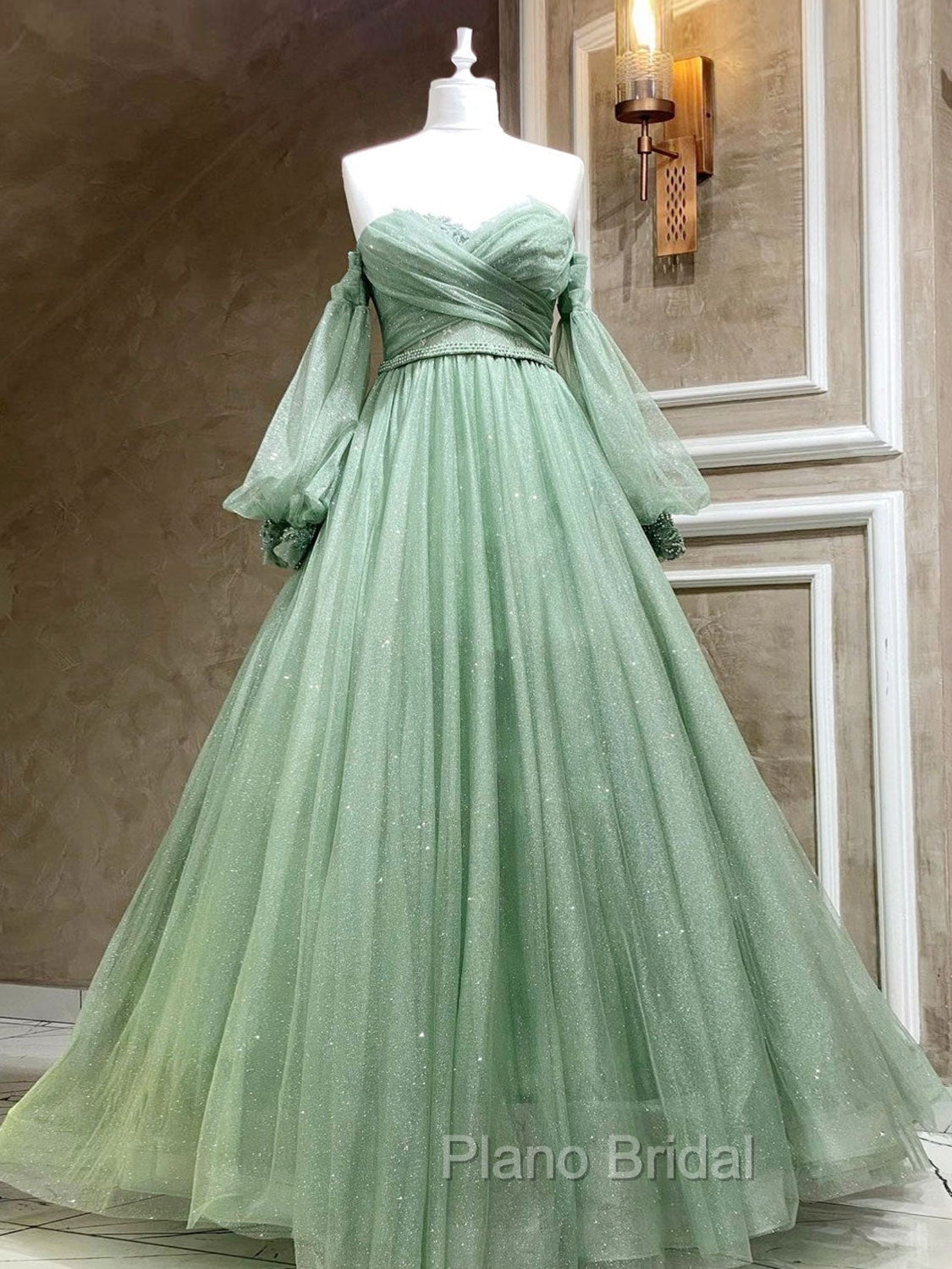 A-Line Sweetheart Neck Tulle Green Long Formal Prom Dresses, Green Formal Evening Dresses Main image