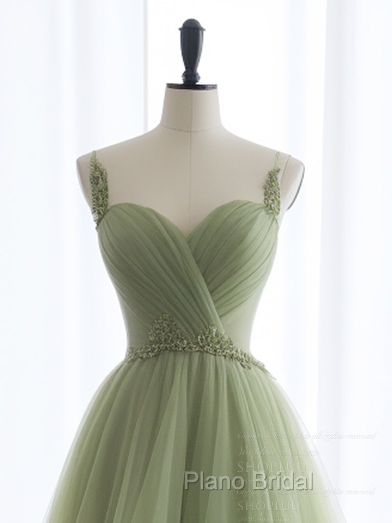 A-Line Sweetheart Neck Tulle Green Long Formal Prom Dresses, Green Long Formal Dresses