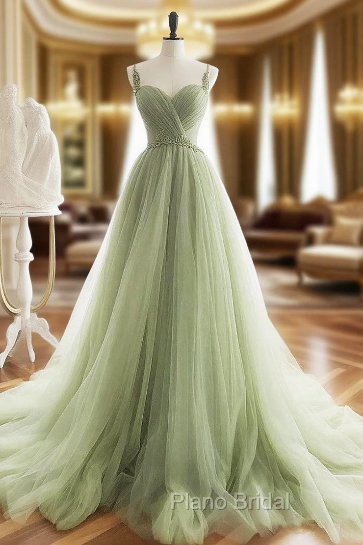A-Line Sweetheart Neck Tulle Green Long Formal Prom Dresses, Green Long Formal Dresses