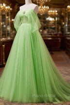 A-Line Sweetheart Neck Tulle Green Long Formal Prom Dresses, Green Tulle Long Evening Dresses