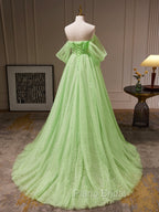 A-Line Sweetheart Neck Tulle Green Long Formal Prom Dresses, Green Tulle Long Evening Dresses