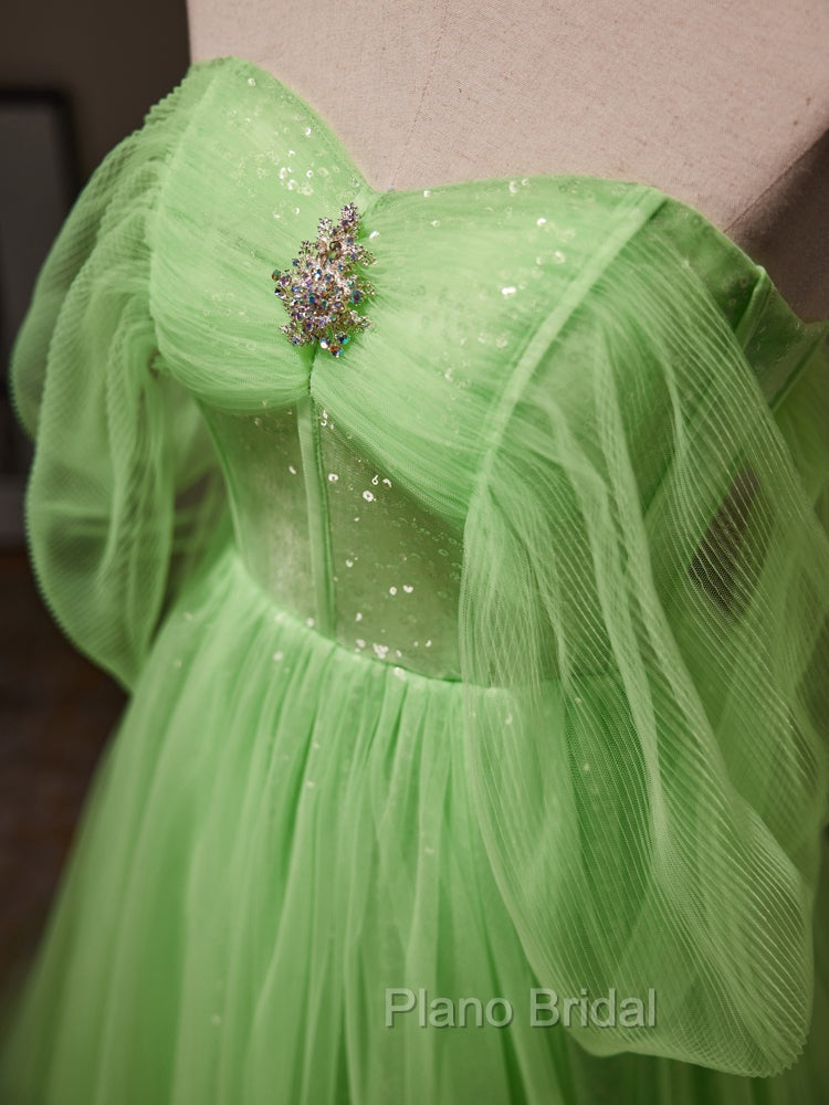 A-Line Sweetheart Neck Tulle Green Long Formal Prom Dresses, Green Tulle Long Evening Dresses