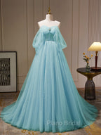 A-Line Sweetheart Neck Tulle Green Long Formal Prom Dresses, Green Tulle Long Evening Dresses
