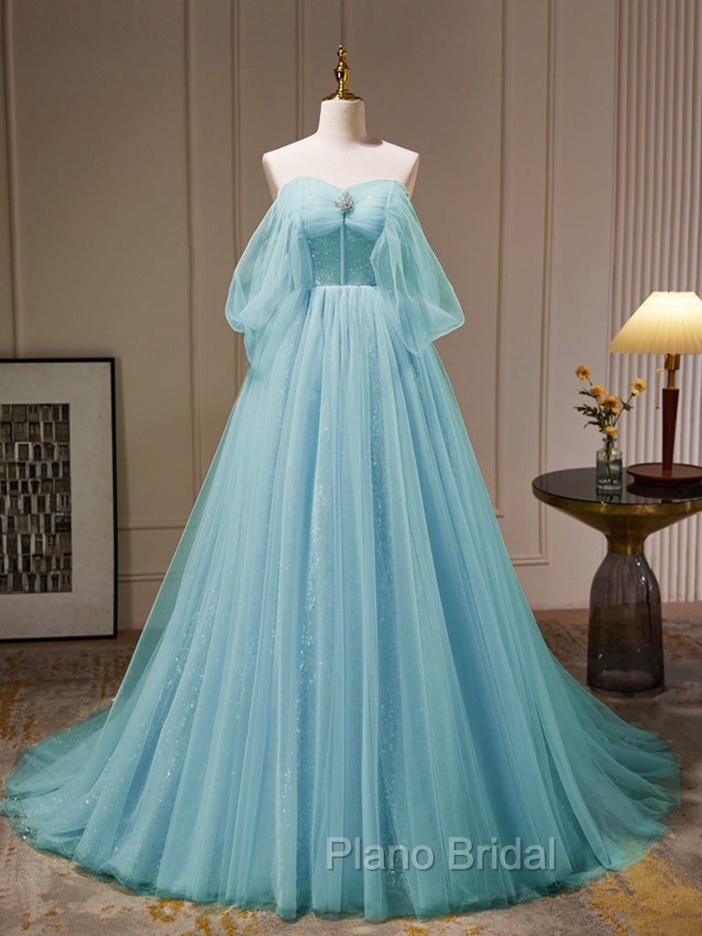 A-Line Sweetheart Neck Tulle Green Long Formal Prom Dresses, Green Tulle Long Evening Dresses