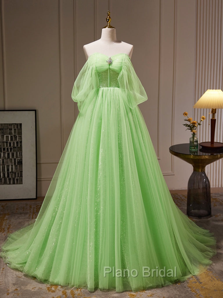 A-Line Sweetheart Neck Tulle Green Long Formal Prom Dresses, Green Tulle Long Evening Dresses Main image