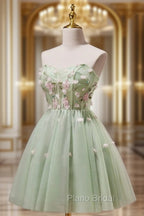 A- Line Sweetheart Neck Tulle Green Short Formal Prom Dresses, Green Homecoming Dresses