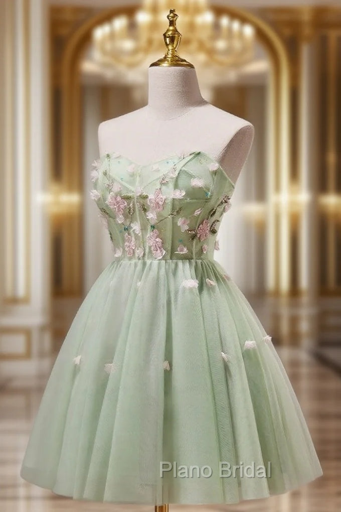 A- Line Sweetheart Neck Tulle Green Short Formal Prom Dresses, Green Homecoming Dresses