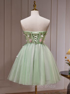 A- Line Sweetheart Neck Tulle Green Short Formal Prom Dresses, Green Homecoming Dresses