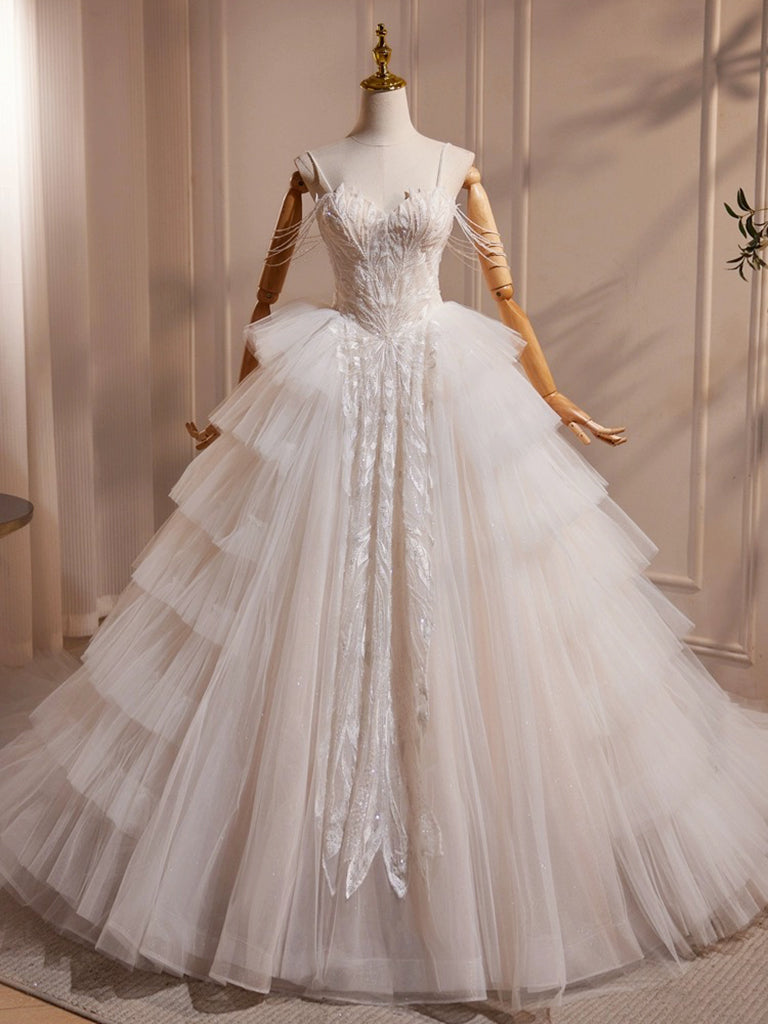 A-Line Sweetheart Neck Tulle Lace Applique Beige Long Formal Prom Dresses With Beads Main image
