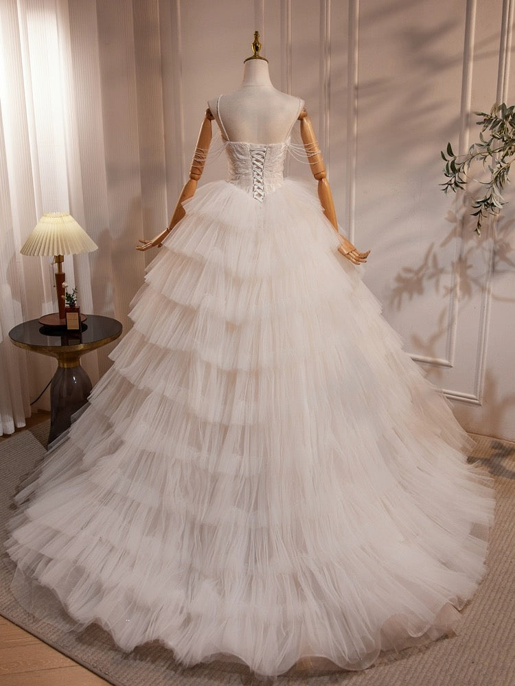 A-Line Sweetheart Neck Tulle Lace Applique Beige Long Formal Prom Dresses With Beads Secondary image
