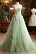 A-Line Sweetheart Neck Tulle Lace Applique Green Long Formal Prom Dresses Formal Dresses Off Shoulder