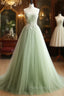 A-Line Sweetheart Neck Tulle Lace Applique Green Long Formal Prom Dresses Formal Dresses Off Shoulder