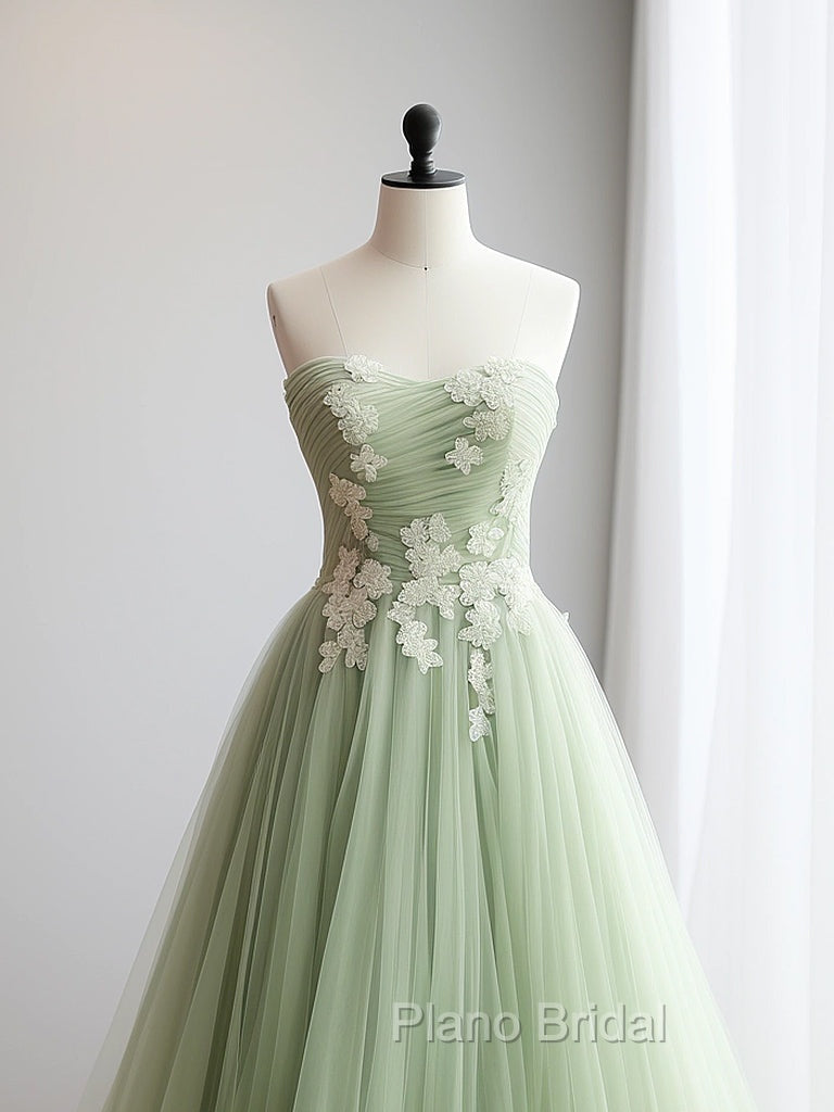 A-Line Sweetheart Neck Tulle Lace Applique Green Long Formal Prom Dresses, Green Formal Dresses Secondary image
