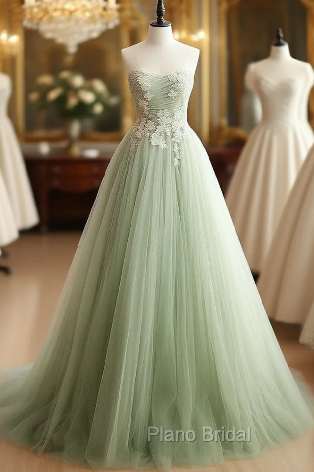 A-Line Sweetheart Neck Tulle Lace Applique Green Long Formal Prom Dresses, Green Formal Dresses Main image