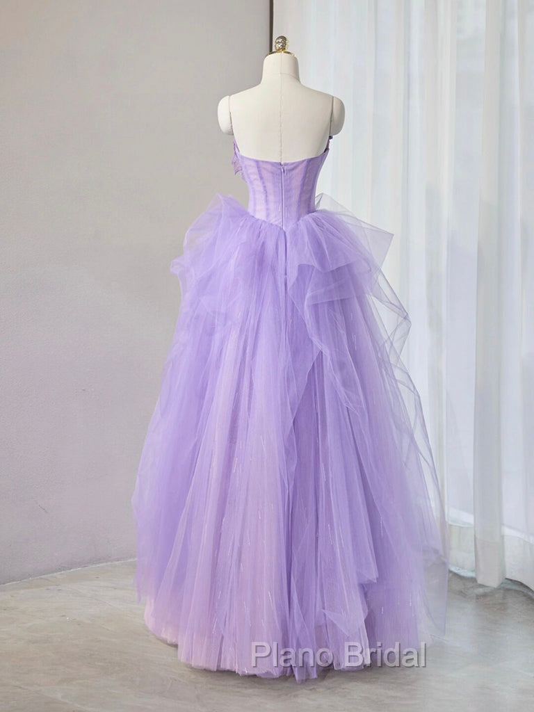 A-Line Sweetheart Neck Tulle Lace Applique Purple Long Formal Prom Dresses, Purple Formal Dresses