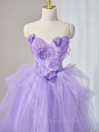 A-Line Sweetheart Neck Tulle Lace Applique Purple Long Formal Prom Dresses, Purple Formal Dresses