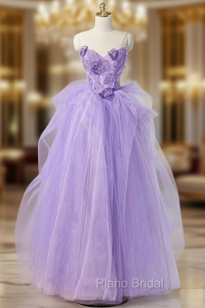 A-Line Sweetheart Neck Tulle Lace Applique Purple Long Formal Prom Dresses, Purple Formal Dresses Main image