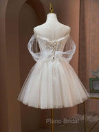 A Line Sweetheart Neck Tulle Lace Beige Short Formal Prom Dresses,  Puffy Cute Homecoming Dresses