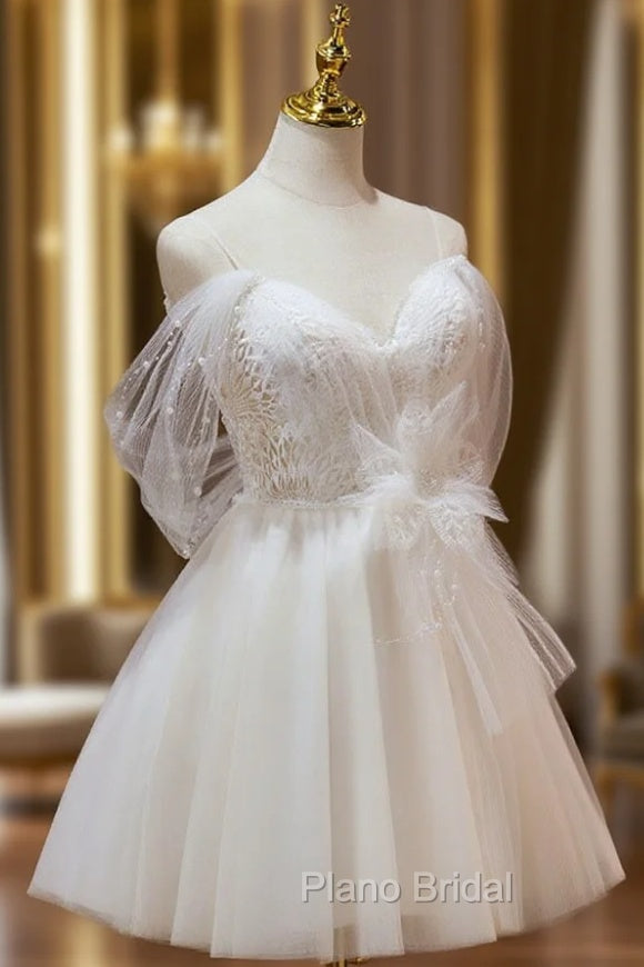 A Line Sweetheart Neck Tulle Lace Beige Short Formal Prom Dresses,  Puffy Cute Homecoming Dresses