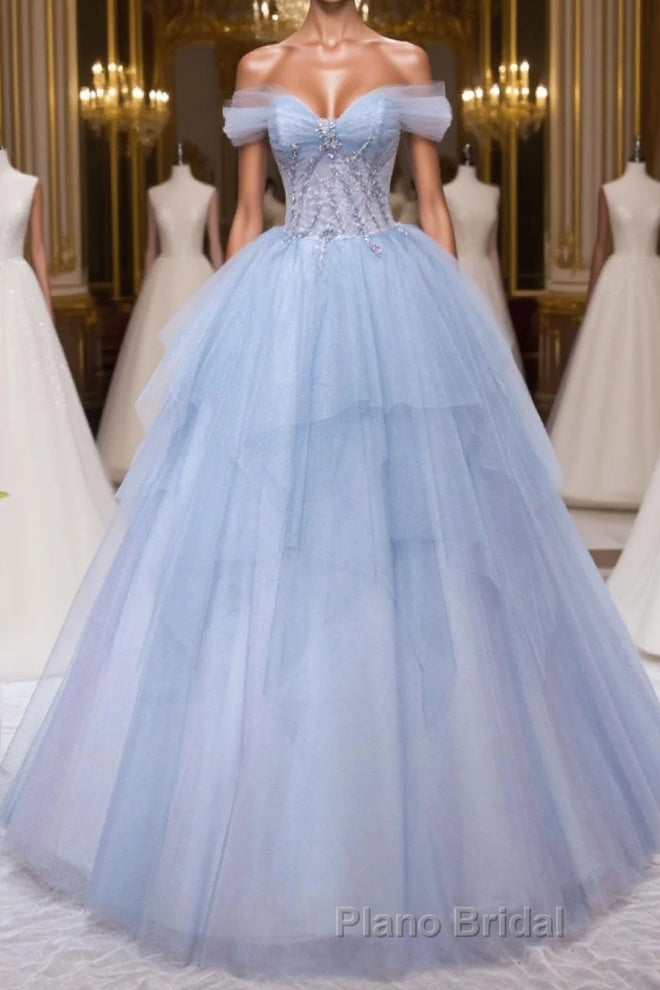 A-Line Sweetheart Neck Tulle Lace Blue Long Formal Prom Dress, Blue Formal Evening Dress Main image