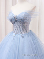 A-Line Sweetheart Neck Tulle Lace Blue Long Formal Prom Dress, Blue Formal Evening Dress